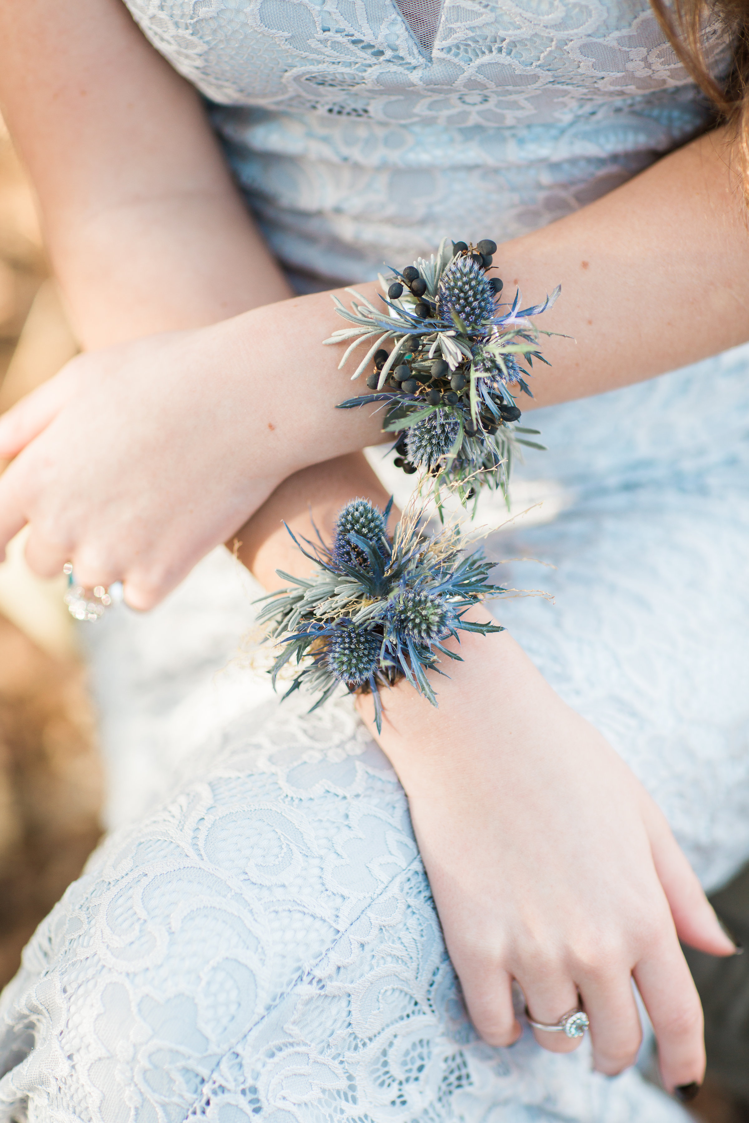 wrist corsage, corsage, blue flowers, blue wedding, wedding flowers, thistle, floral jewelry