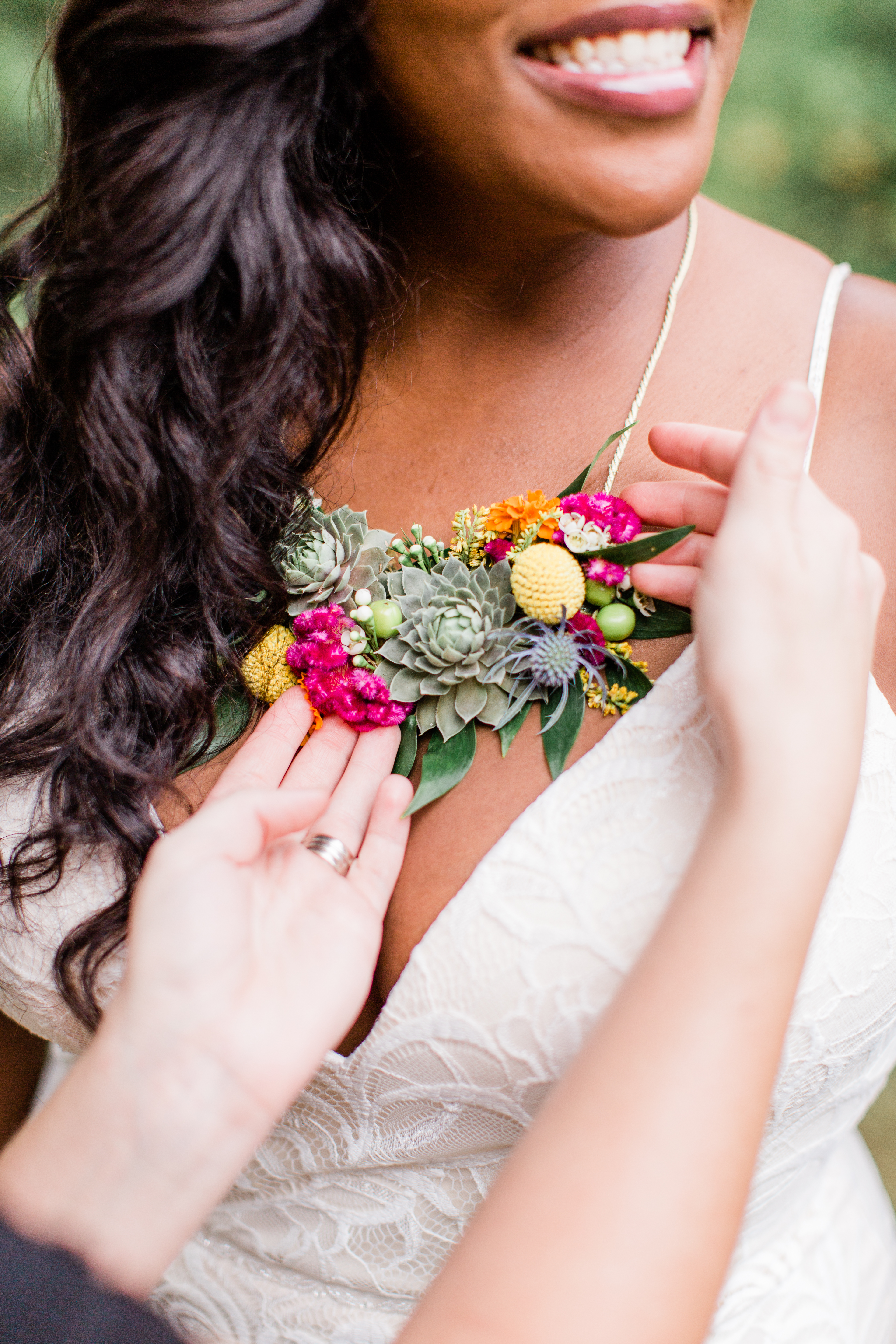 floral necklace, succulents, bright flowers, evansville wedding, evansville florist
